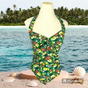 Boden Swimsuit Bathing 2 Piece Set Green Floral Size 10 Halter Tankini Bikini